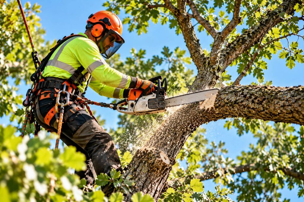 A man wearing safety gear uses a chainsaw to cut down a tree in a wooded area A man wearing safety gear uses a chainsaw to cut down a tree in a wooded area