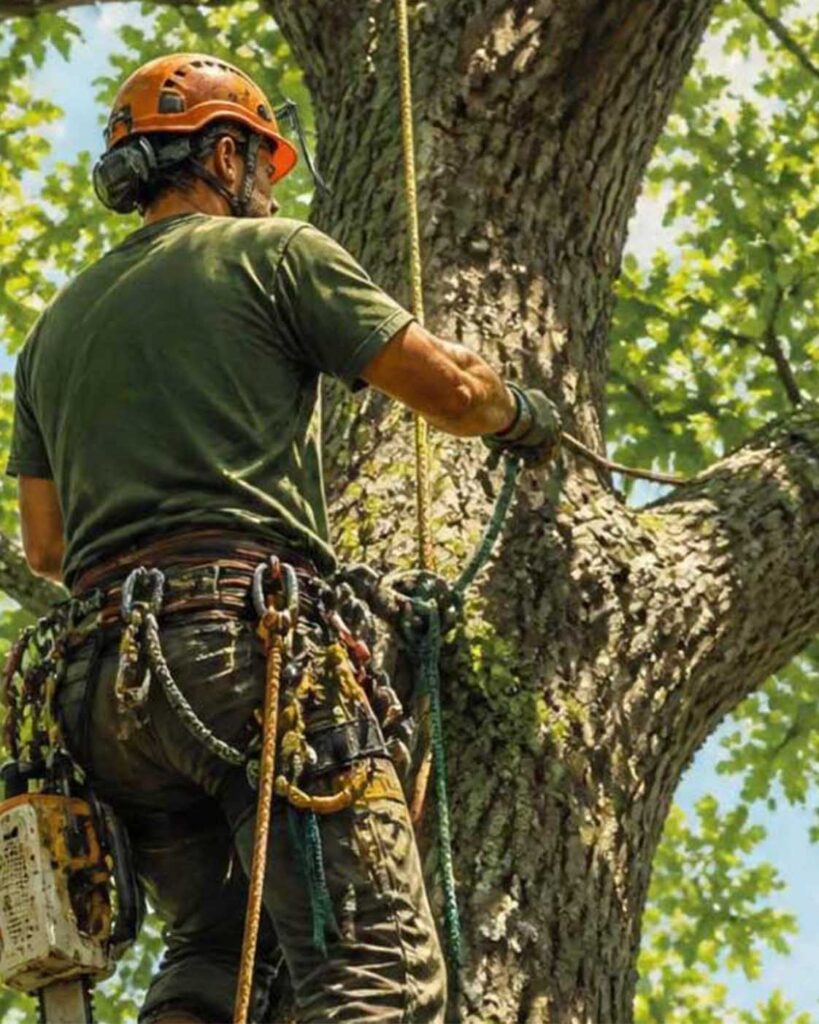 A worker trimming a tree in a residential area of Phoenix, surrounded by desert landscaping and clear blue skies A worker trimming a tree in a residential area of Phoenix, surrounded by desert landscaping and clear blue skies